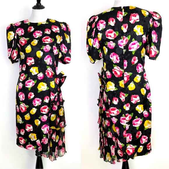 Vintage Raul Blanco Floral Silk Formal Retro Shift Bow Dress Sz 8 - Picture 2 of 16